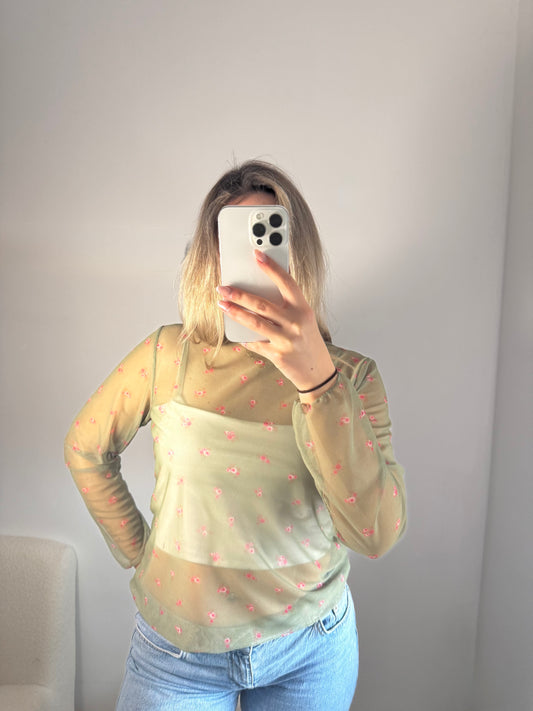 Dünnes Blümchen Shirt Khaki