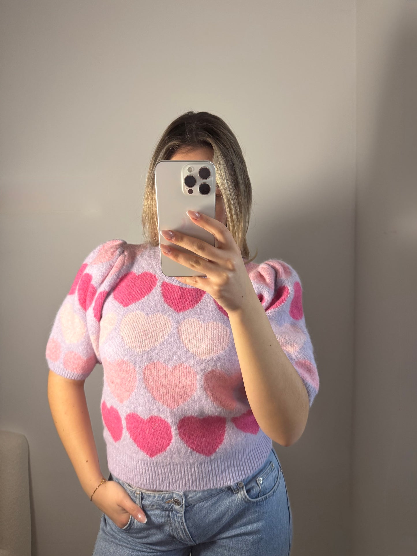 Kurzarm Pullover Herzen flieder