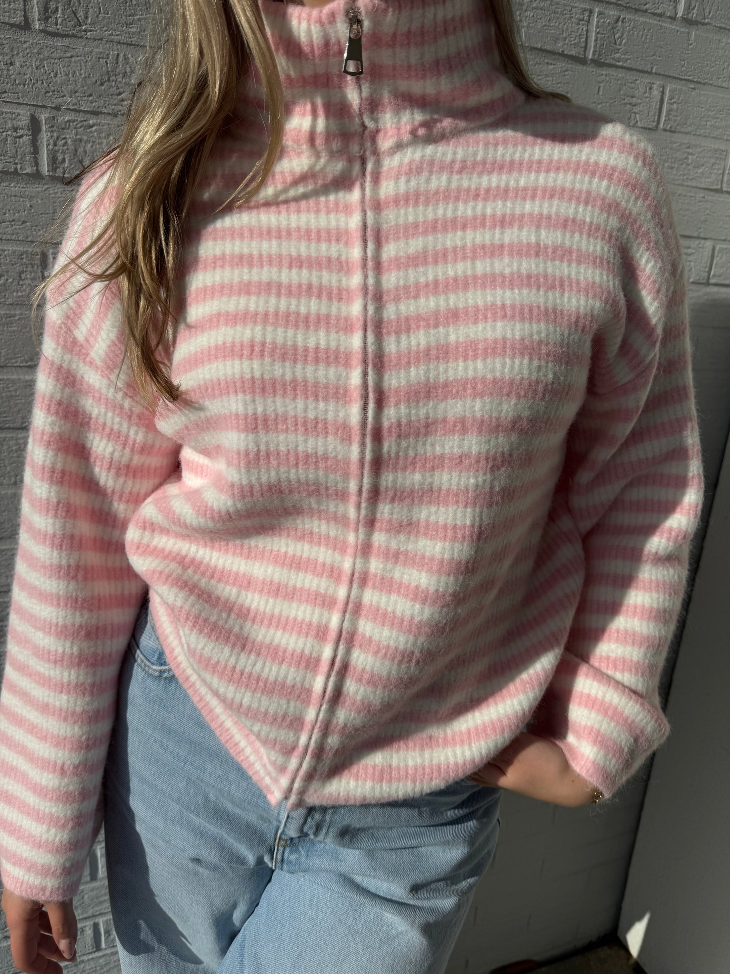 Zip Cardigan rosa/weiß