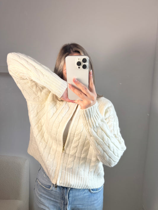 Zip Strickjacke Zopfmuster Creme