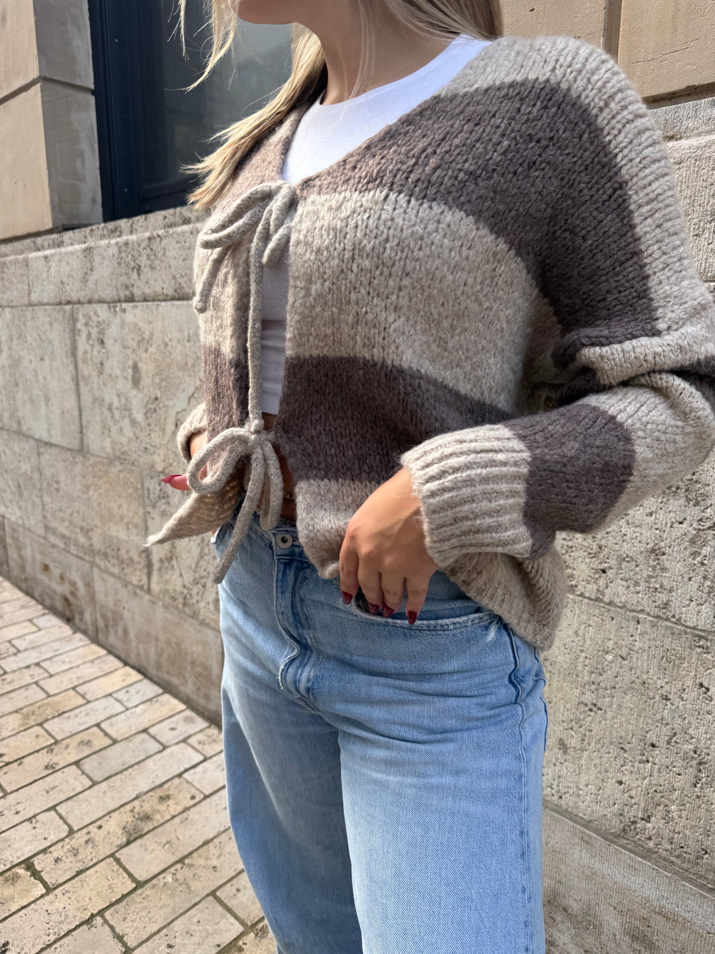 Strickjacke beige braun gestreift