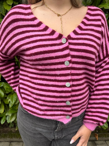 Strickjacke mit Streifen rosa rot