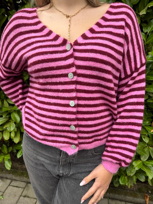 Strickjacke mit Streifen rosa rot