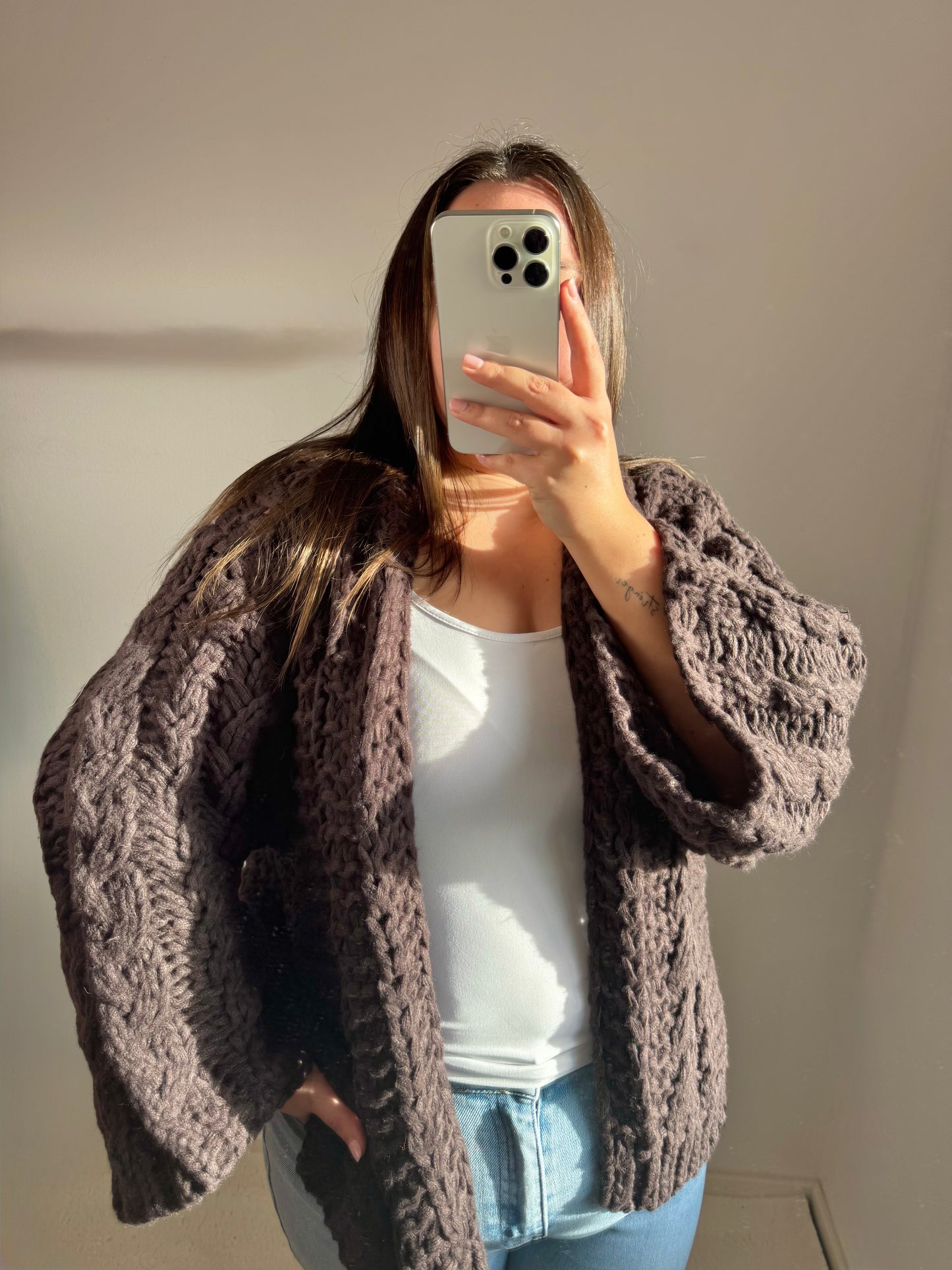 Grobstrick Zopfstrickjacke braun