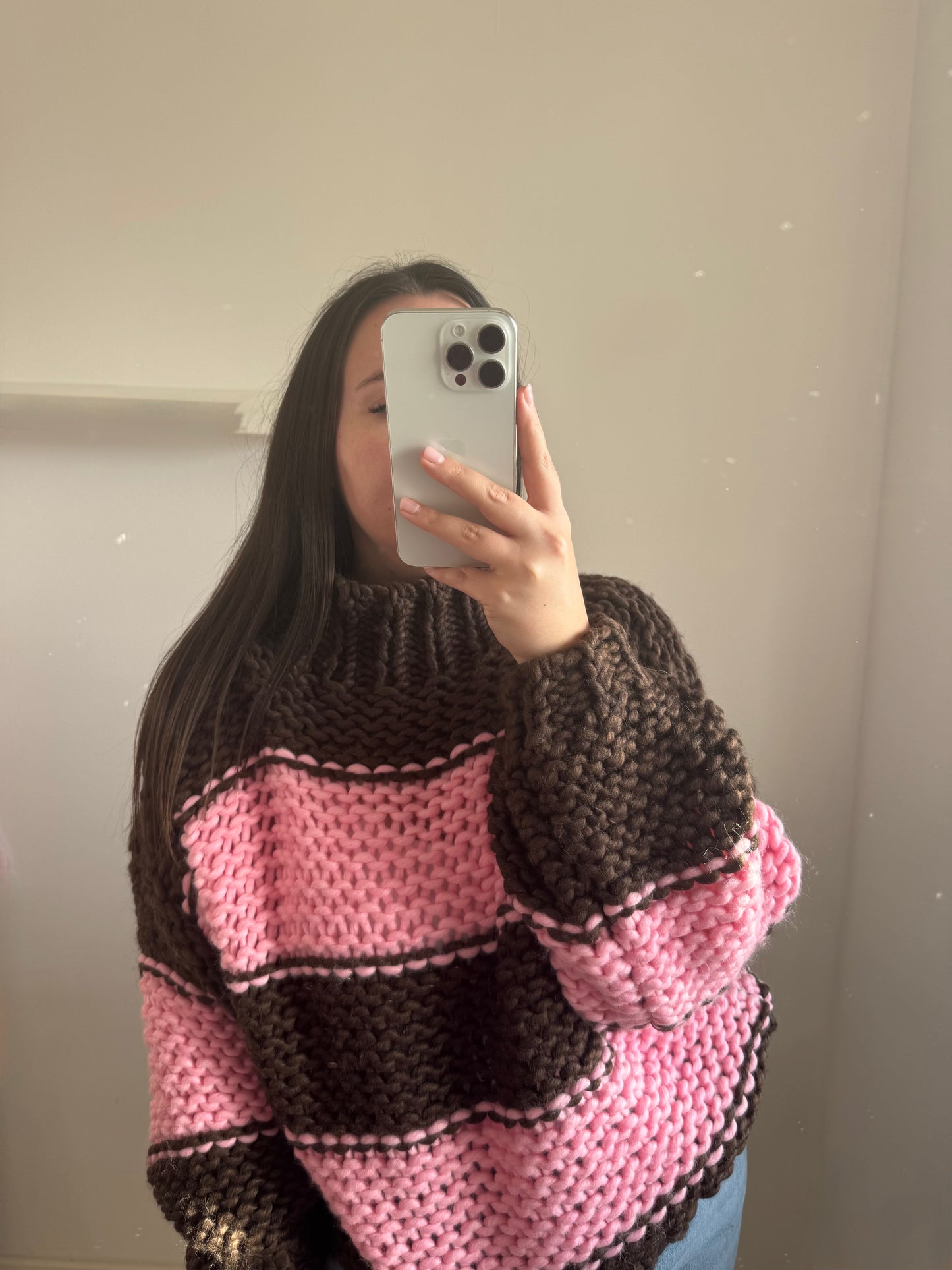 Grobstrick Pullover braun rosa